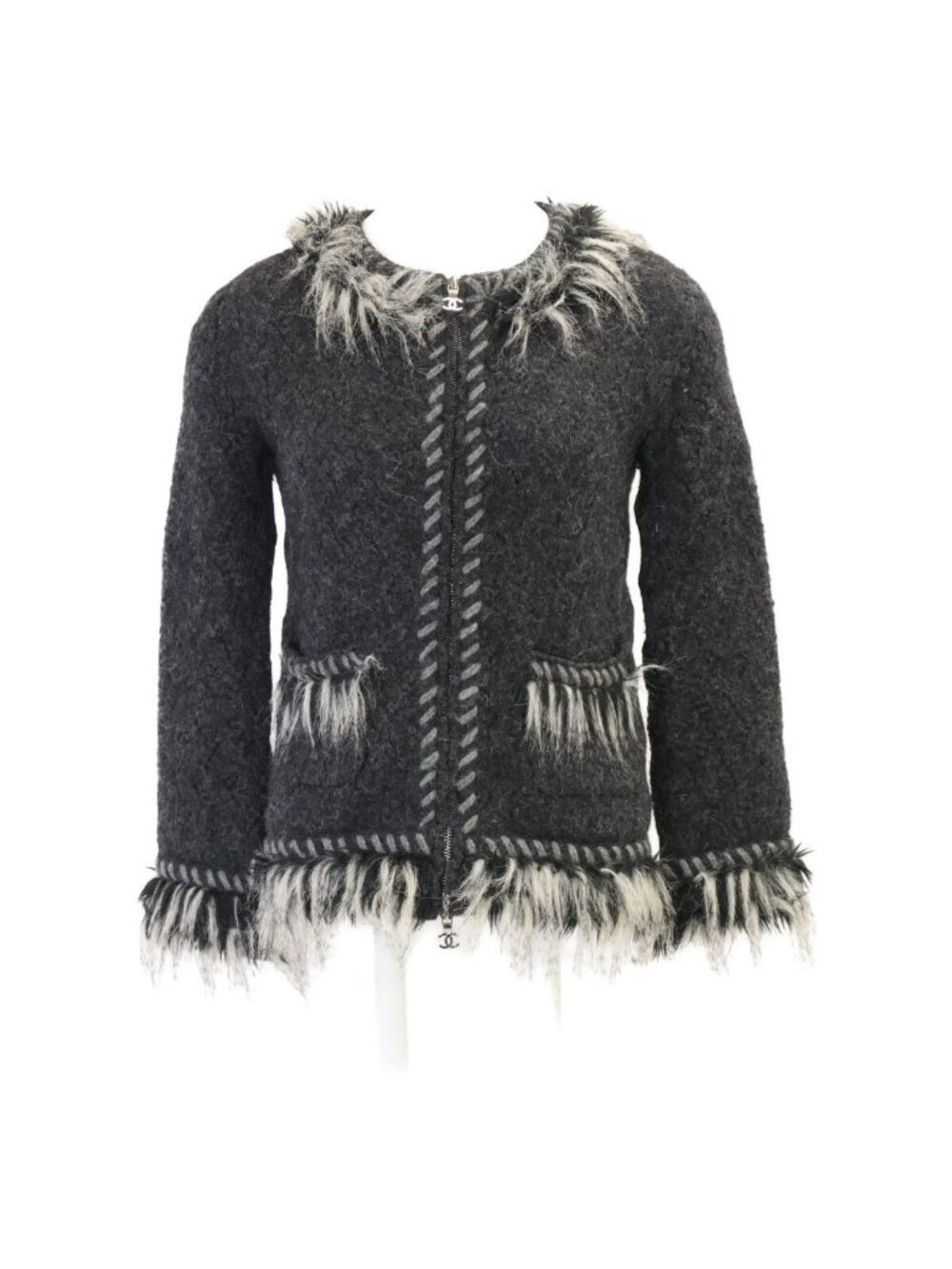 Chanel Alpaca Cashmere Fringe Trim Collarless Jacket 34